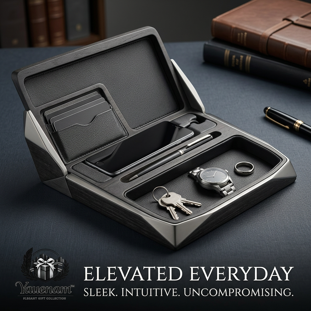 Yauenam™ Luxury Men's Valet Tray Organizer - Premium Wood & Leather Nightstand Organizer, EDC Desk Caddy & Charging Station for Phone, Watch, Keys, Rings, Wallet & Pen, Elegant Gift for Men