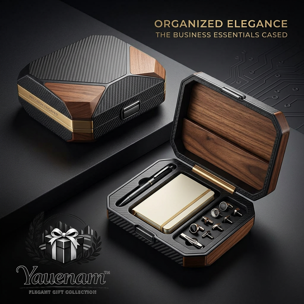 Yauenam™ Executive Men's Gift Set | Luxury Carbon Fiber & Walnut Wood Keepsake Box with Premium Ballpoint Pen, Gold Pocket Journal, Designer Cufflinks and Tie Clip Set | Corporate, Promotion, Groomsmen & Father's Day Gift for Him