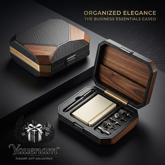 Yauenam™ Executive Men's Gift Set | Luxury Carbon Fiber & Walnut Wood Keepsake Box with Premium Ballpoint Pen, Gold Pocket Journal, Designer Cufflinks and Tie Clip Set | Corporate, Promotion, Groomsmen & Father's Day Gift for Him