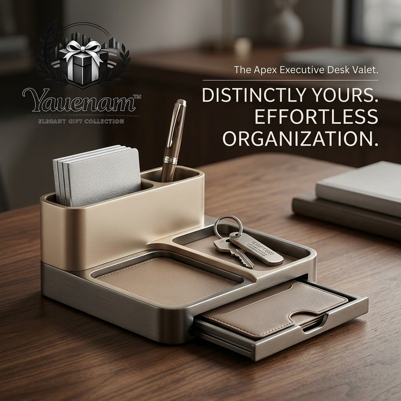 Yauenam™ Executive Desk Organizer and Valet Tray - Premium Metal Catchall Tray for Nightstand & Office, Luxury EDC Organizer with Slide-Out Drawer & Leather Slim Card Holder, Sophisticated Corporate Gift for Men and Women