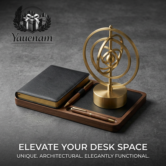 Yauenam™ Executive Desk Organizer Set - Premium Walnut Wood Valet Tray with Brass Kinetic Armillary Sphere, Gold-Edge Leather Journal Notebook, and Handcrafted Wooden Pen Set | Elegant Office Decor Desk Accessories & Luxury Gift Set