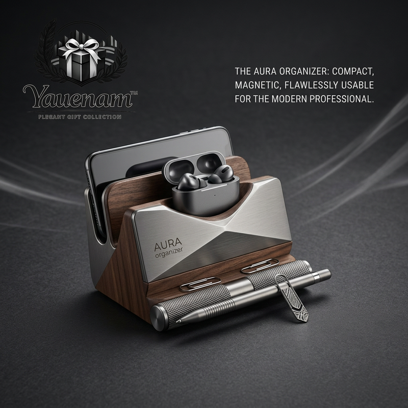Yauenam™ Aura Walnut Wood Desk Organizer - Magnetic Tech Docking Station & Valet Tray for Smartphone, AirPods, Pen, and Paperclips | Minimalist Office Desk Accessories & Premium Gift for Professionals