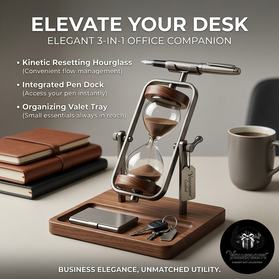 Yauenam™ 3-in-1 Executive Desk Organizer - Kinetic Resetting Hourglass Sand Timer with Integrated Pen Stand & Wooden Valet Tray | Premium Desk Accessory, Catchall Tray & Luxury Business Gift for Men and Professionals