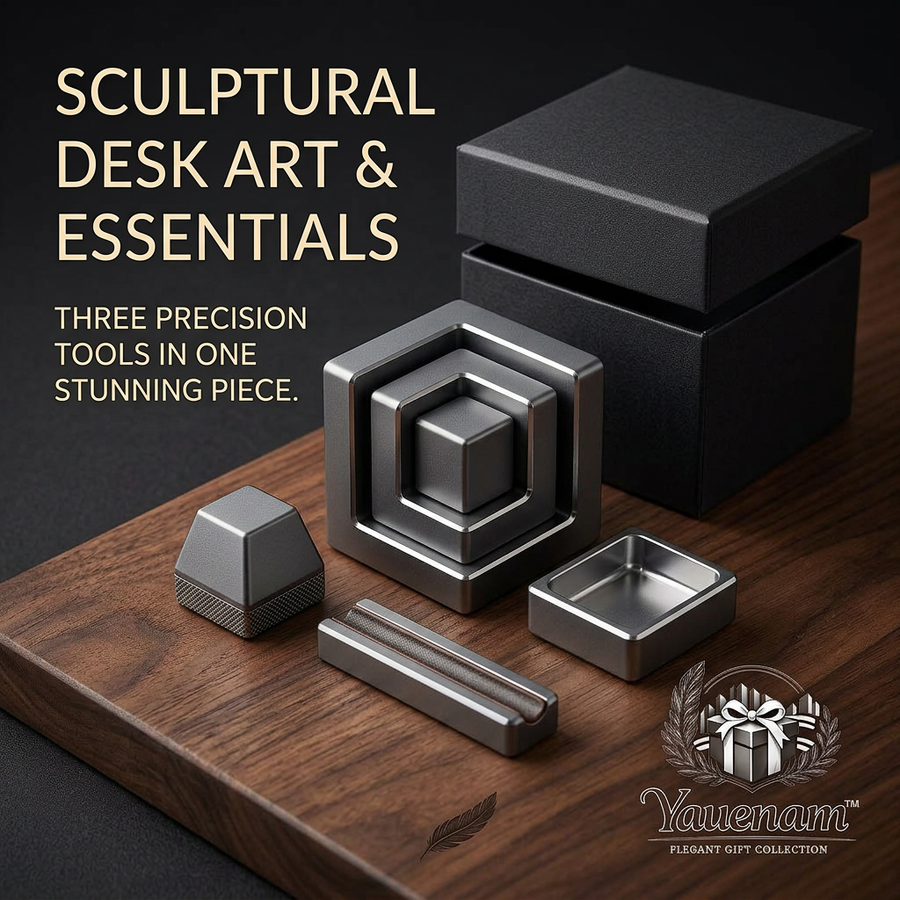 Yauenam™ 3-in-1 Sculptural Desk Organizer Set - Geometric Cubic Metal Desk Art, Premium Pen Rest, Paperclip Tray & Knurled Paperweight, Minimalist Kinetic Fidget Toy, Elegant Executive Gift for Men & Women